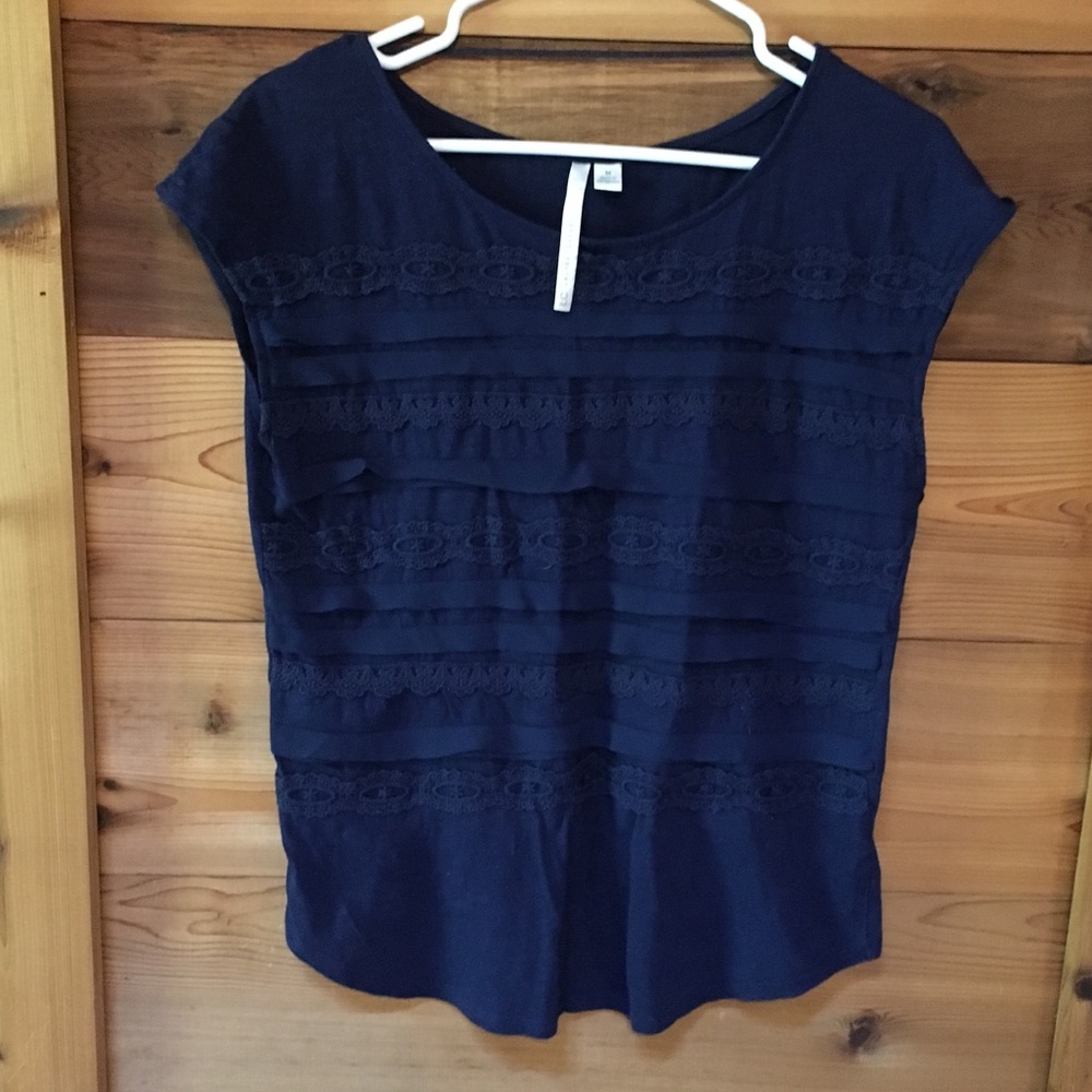 Women's Navy Lace-Trim Short Sleeve Top